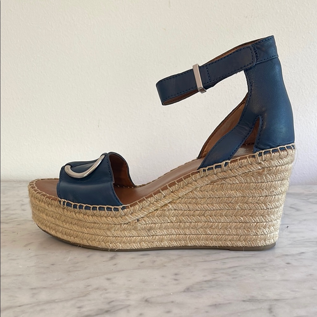 Franco Sarto Blue Leather Silver Detail Jute Wedge Sandals Sz 9